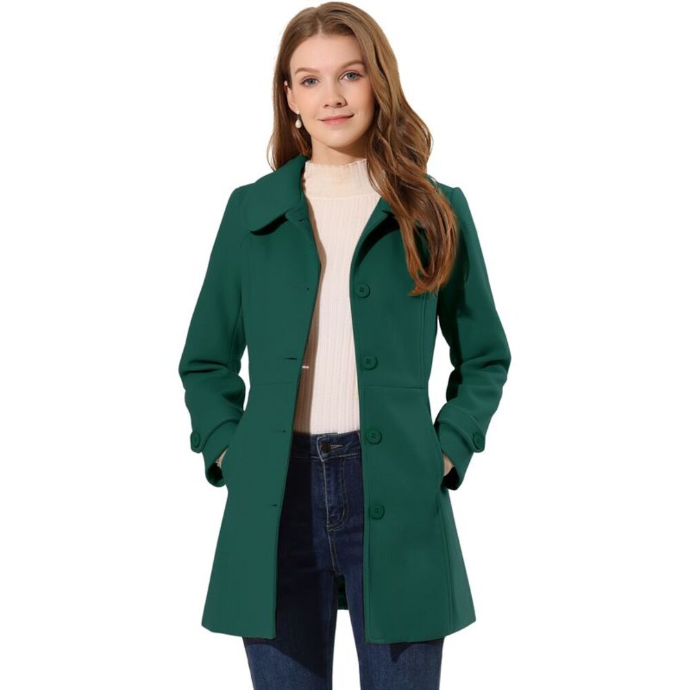 Peter Pan Collar Single Breasted Winter Outwear Buttoned Long Coat Dark Green
